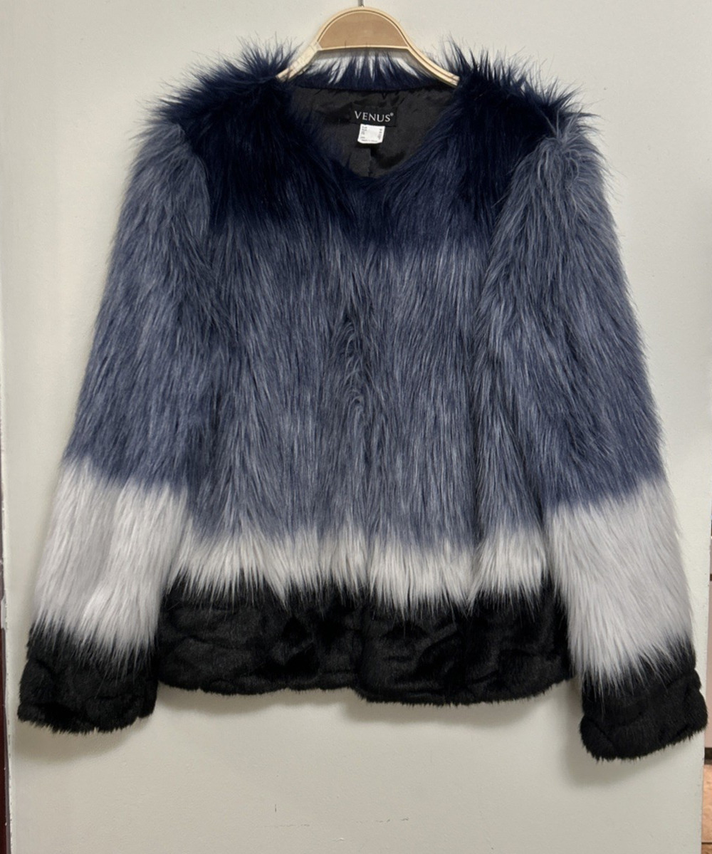 Venus SHAGGY Blue OMBRE Faux Fur Jacket Size 8